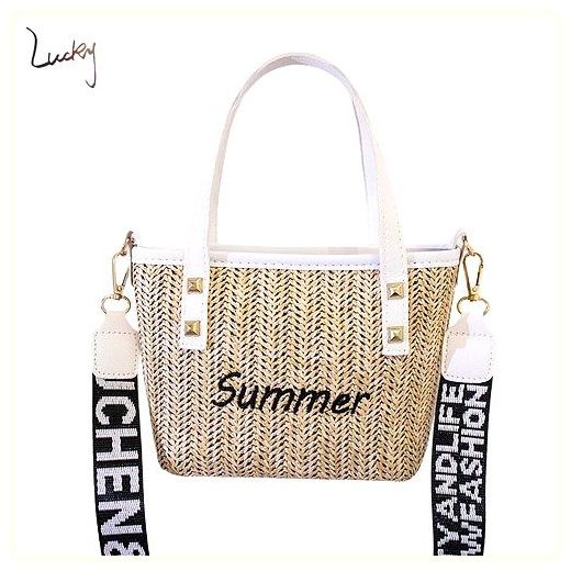 Lucky 여성 넝쿨백 패션 넝쿨백 미니 토트백 크로스 밀짚백, 흰색 이미지