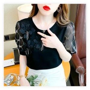 Ogfaour 입체 플라워 핫픽스 반팔 티셔츠 블랙 M 사이즈 리뷰: 여름 나이브실루엣 완성! 여성 티셔츠 추천 이미지
