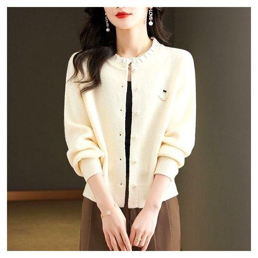 besteffie 여성 봄 가을 니트 가디건 간절기 심플 디자인 진주 버튼 장식 프릴 디테일 베이직 여자 긴팔 아우터 Q15, 핑크, L 이미지