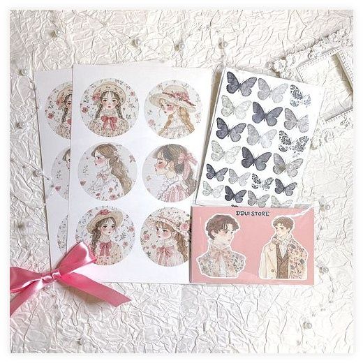 뚜이마켓 자체제작 빈티지 다꾸 스티커 감성 sticker 인스 다이어리 꾸미기 블랙 핑크 패키지 이미지