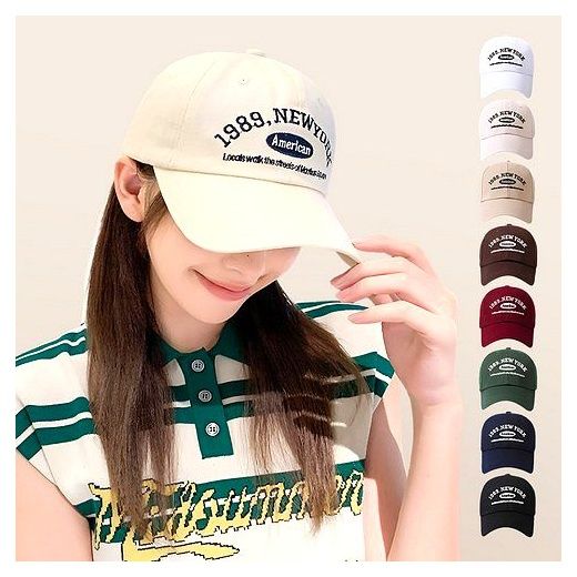 마이브이 1989 NY 남녀공용 커플 베이직 자수 볼캡 모자 1+1, 레드, 베이지 이미지