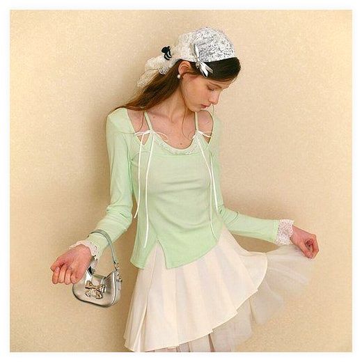 쎄무아듀 Cest_Asymmetrical lace long sleeve top, GREEN/S, GREEN 이미지