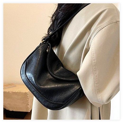 BSHAANS 데일리 가죽 크로스백 반달 미니 호보백, 블랙 이미지