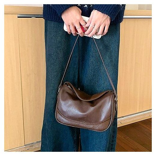 BSHAANS 데일리 가죽 크로스백 반달 미니 호보백, 블랙 이미지