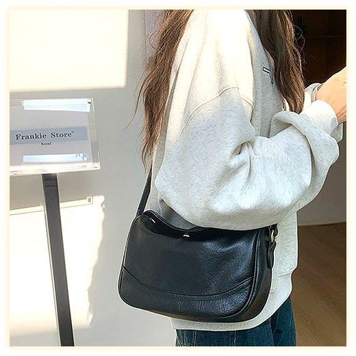 BSHAANS 데일리 가죽 크로스백 반달 미니 호보백, 블랙 이미지