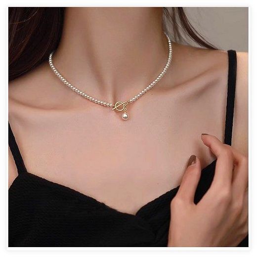 FANSYLI 진주목걸이 여성 고급감 4mm 비즈 목걸이 14k 18k 도금 펜던트 목걸이 W2502F10, 4mm 이미지