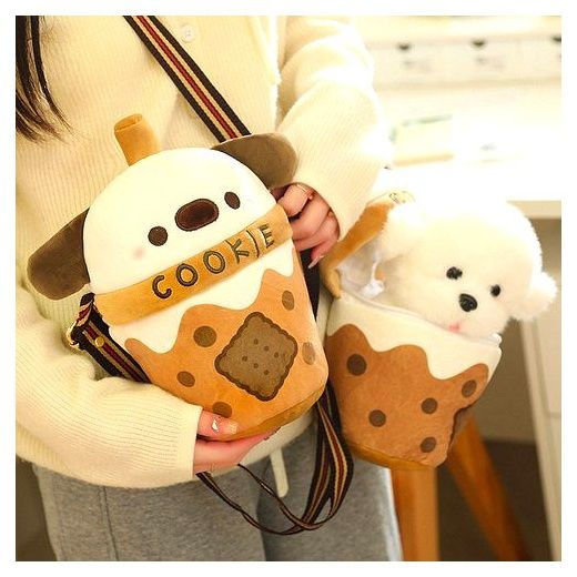 루미또와 귀여운 밀크티 강아지 인형 가방, 화이트브라운, 22cm, 1개 이미지