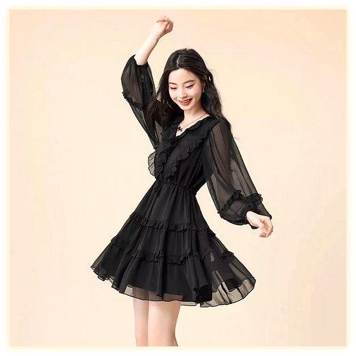 POMTOR레이스 V넥 배색 패치 투명 소매 여성 원피스 검은색 미니 스커트 M, 검은색, M 이미지