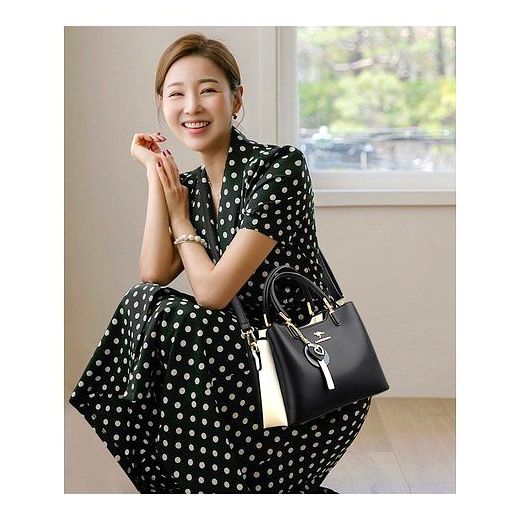 SHOPPI 여성 가죽 배색 미디움 토트백 숄더백, 블랙 이미지
