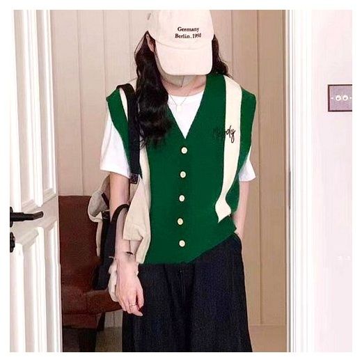 p383 레터링 니트베스트 골프 배색 오픈 브이넥 단추 니트조끼 니트티, 그린 이미지