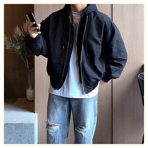 데일트 남자 후드 집업 레이어드 오버핏 블루종 항공 점퍼, 블랙, L 이미지